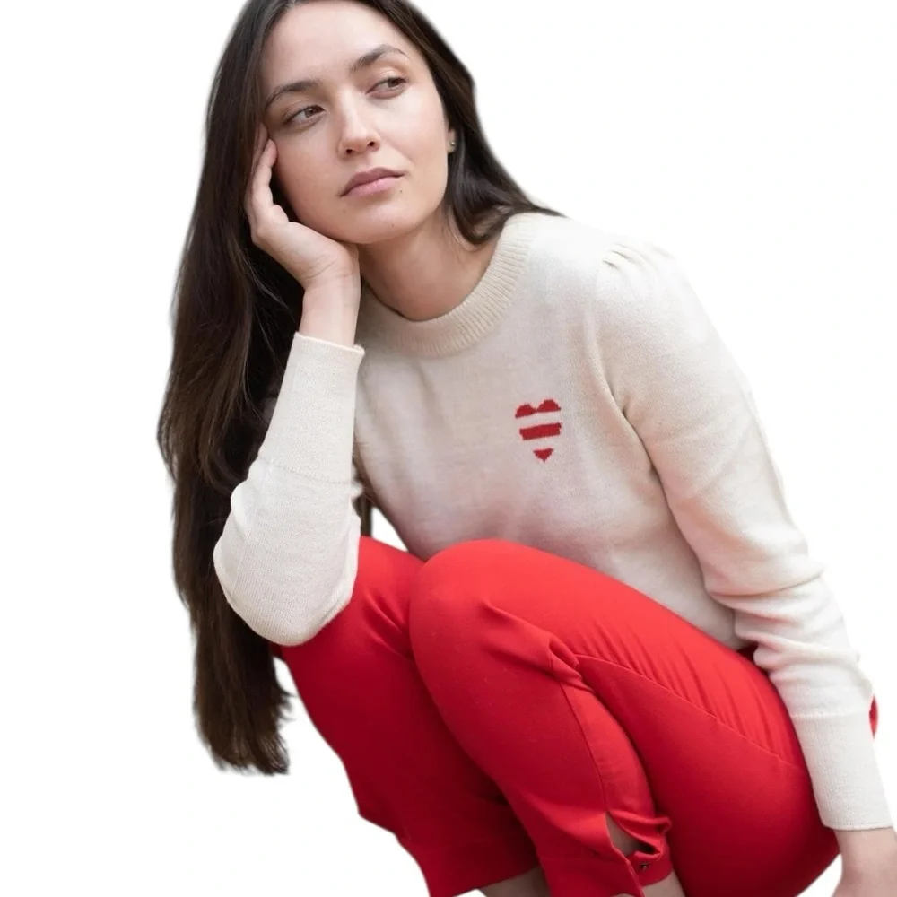 NWT YAPA Light Weight Baby Alpaca Sweater Off White Stepped Heart Medium $225